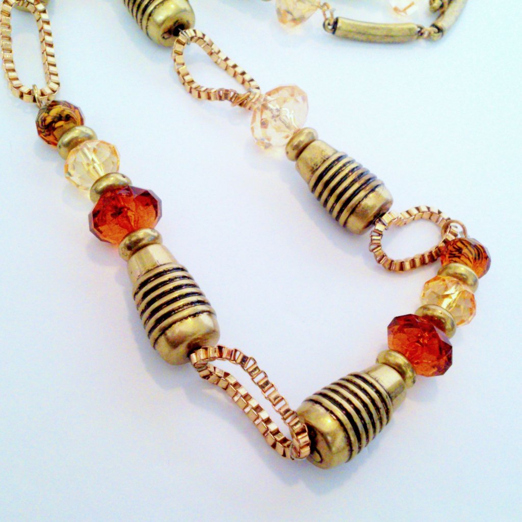 Amber And Gold Tone Bead Station Necklace *